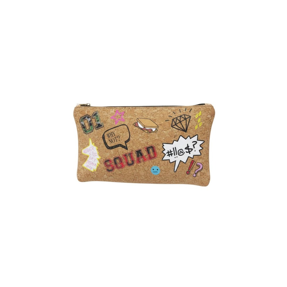 Claire's Cork Pouch Girls OS Tan NWT Squad Patch Graphic Makeup Bag 18356-6